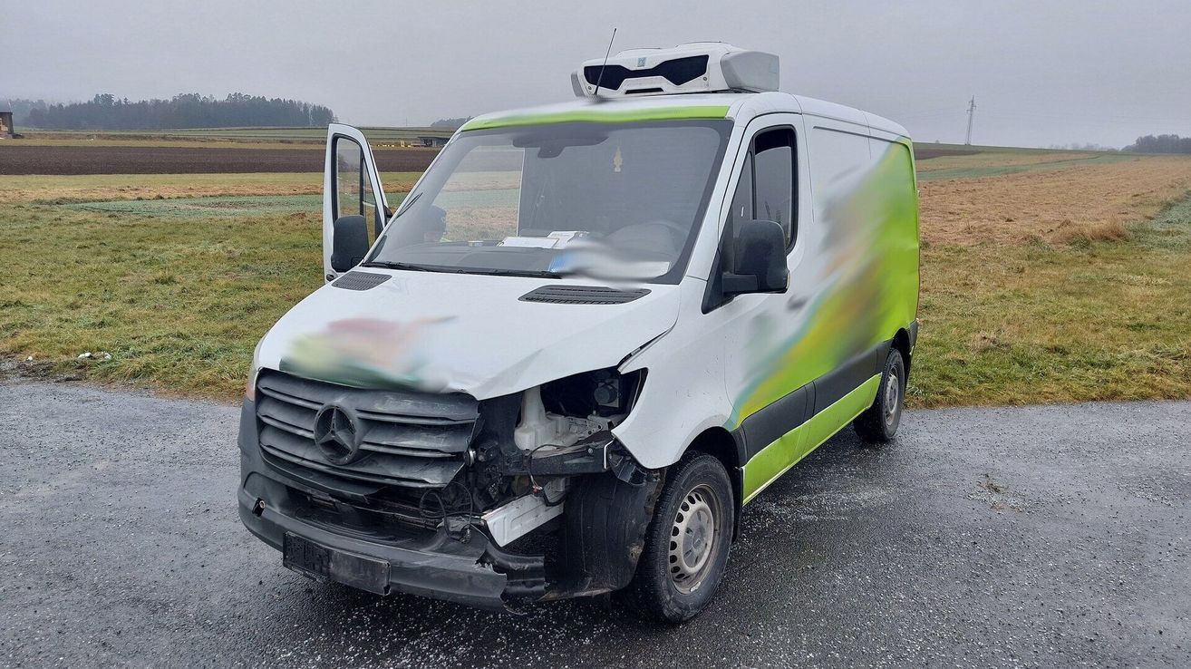 Frontseite eines beschädigten weißen und grünen Mercedes-Transporters mit offener Tür, geparkt auf einer Straße mit verwischtem Hintergrund aus Gras und Bäumen.