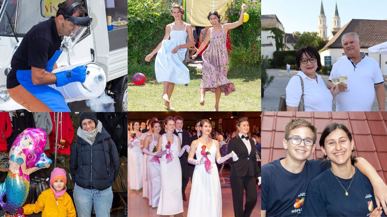 Eine Collage aus sechs Fotos. Eine Person läuft neben einem Lkw mit Rauch. Zwei Frauen in Kleidern gehen. Eine Person läuft in einem Garten. Eine Person trägt eine Jacke. Eine Gruppe von Frauen in weißen Kleidern. Ein Junge mit Brille.