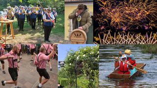 Eine Collage von Bildern mit einer Marschkapelle, einem Mann, der Wein trinkt, Feuerwerk, einem Mann in traditioneller Kleidung, einem Busch und einem Ruderboot.