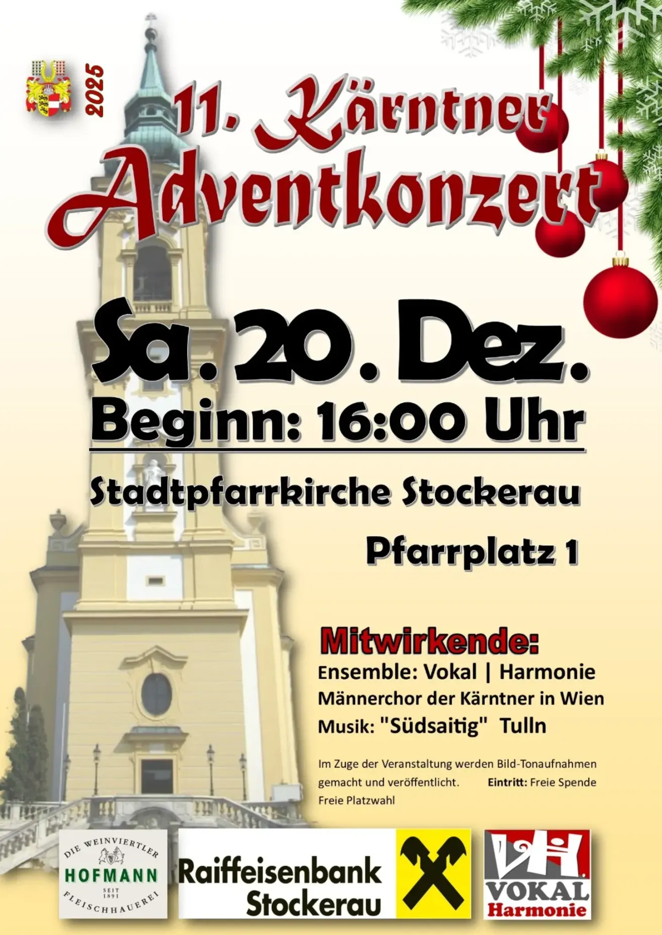 Ein Plakat für ein Adventkonzert in der Stadtpfarrkirche Stockerau am 20. Dezember um 16:00. Das Event beinhaltet ein Vokalensemble, Harmonie und Musik von Südsaitig Tulln.