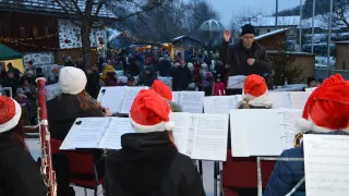 Eine Weihnachtsmarktszene mit Musikern, die Instrumente spielen und einem Dirigenten, umgeben von einem festlichen Publikum.