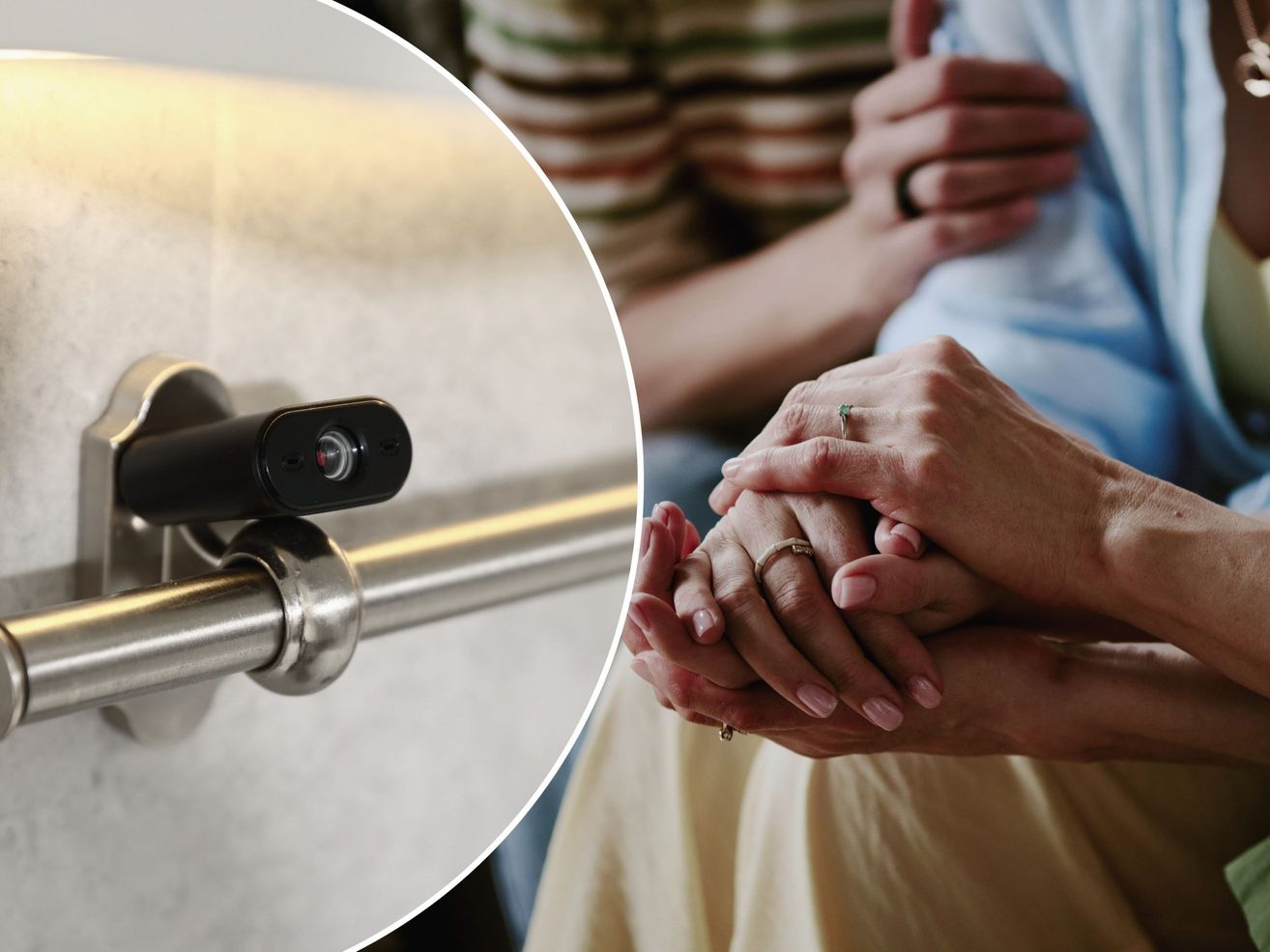 Eine Nahaufnahme einer schwarzen Kamera, die an einem silbernen Handlauf montiert ist. Daneben hält ein Paar Händchen, beide tragen Ringe. Der Mann hat ein gestreiftes Hemd.