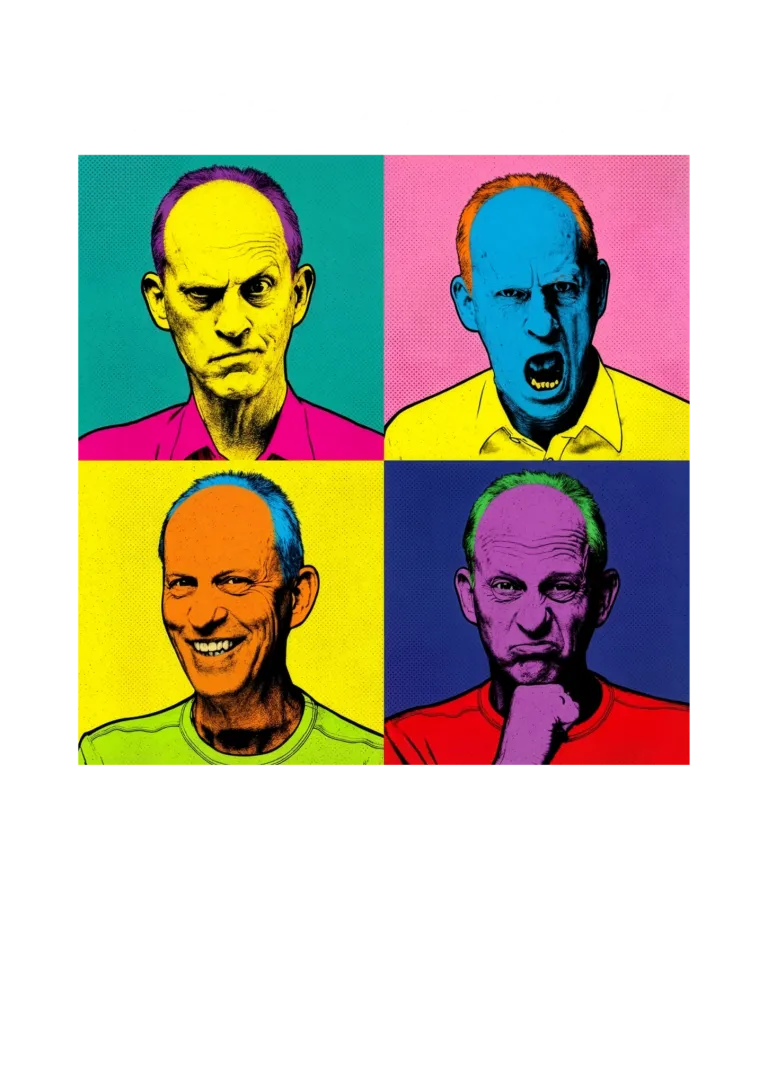 Vier Bilder eines Mannes in verschiedenen Farben. Oben links ist gelb und pink, oben rechts blau und pink, unten links gelb und grün, unten rechts blau und rot.