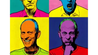 Vier Bilder eines Mannes in verschiedenen Farben. Oben links ist gelb und pink, oben rechts blau und pink, unten links gelb und grün, unten rechts blau und rot.