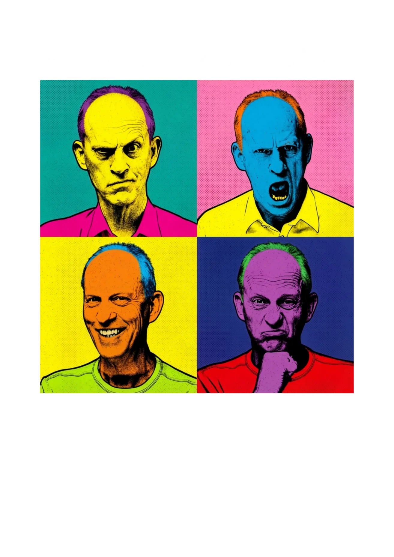 Vier Bilder eines Mannes in verschiedenen Farben. Oben links ist gelb und pink, oben rechts blau und pink, unten links gelb und grün, unten rechts blau und rot.