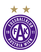 Das Logo des Fusballklub Austria Wien, mit einem weißen Kreis, purpurfarbenen Buchstaben und Zahlen '19 FAK 11', auf einem purpurfarbenen Hintergrund mit einem braunen Rand und einer Bergsilhouette.