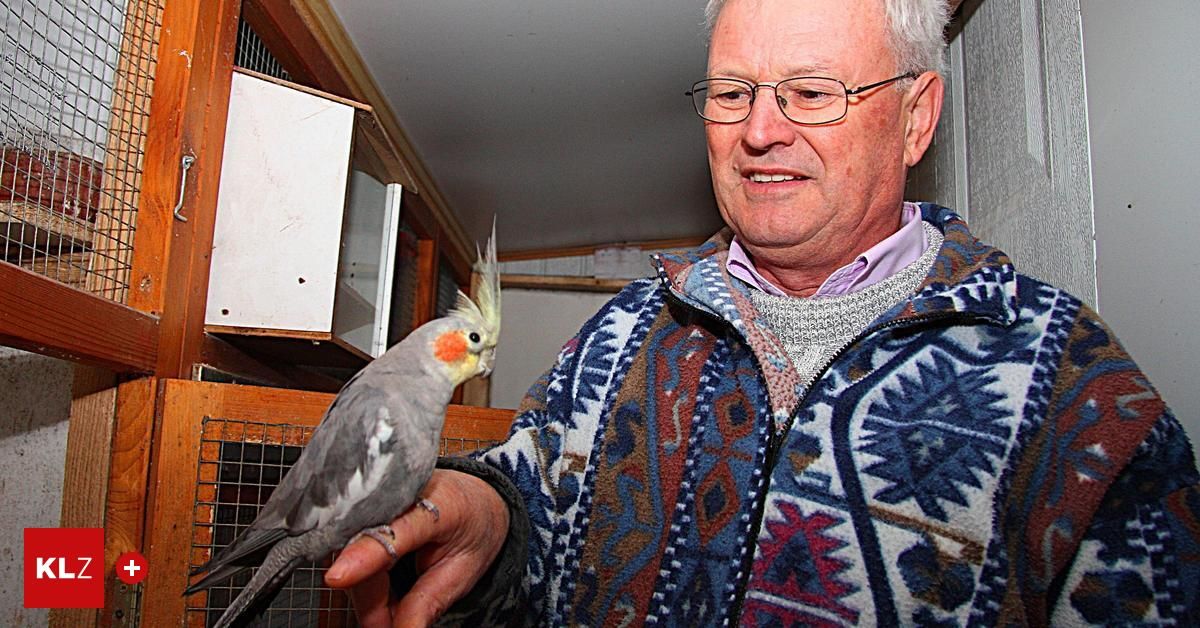 Ein älterer Mann mit Brille hält einen Papagei mit grauen Federn und einer Federhaube, der einen bunten Pullover trägt. Hinter ihm ist ein Vogelkäfig zu sehen.