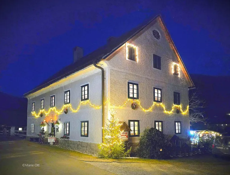 Ein großes weißes Gebäude ist nachts mit gelben Weihnachtslichtern beleuchtet. Ein kleiner Weihnachtsbaum steht vor dem Haus.