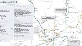 Map showing train schedules for lines 841, 843, 846, and 848 in the southern region. Times are listed for normal, summer, and special services. A note indicates a regional connection between Salzburg and Berchtesgaden.