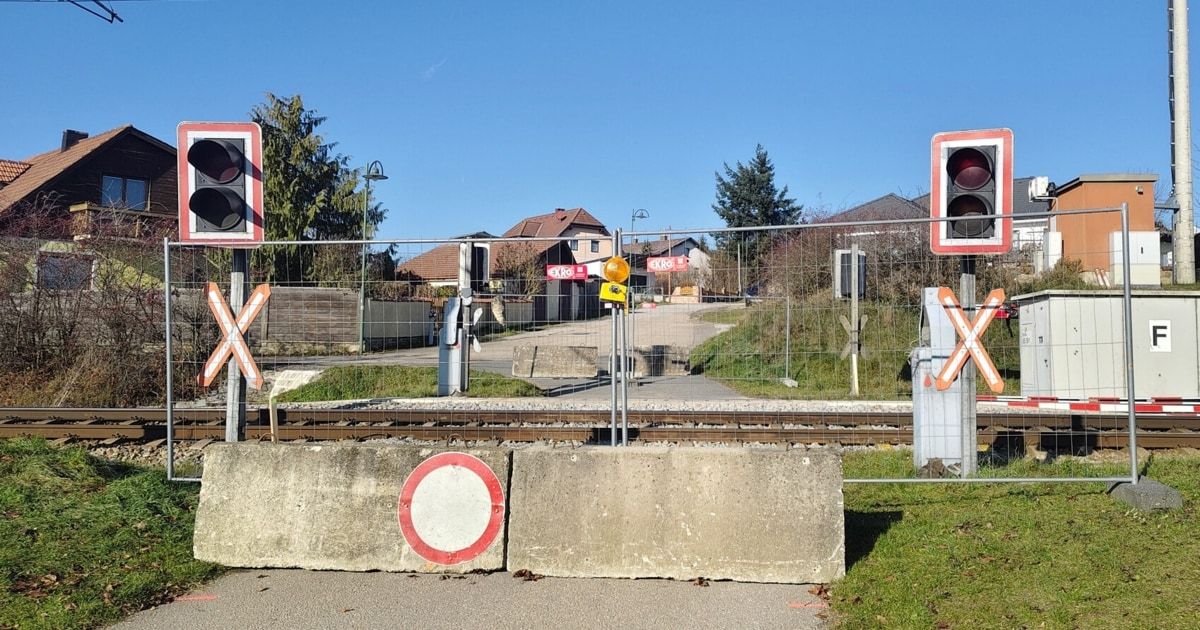 Ein Bahnübergang mit roten Ampeln und Barrieren, ein rot-weißes Schild steht auf dem Gras. Bäume und Häuser befinden sich auf der anderen Seite des Zauns.