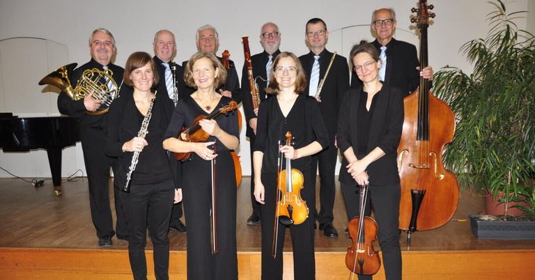 A group of musicians stands on a stage holding various instruments. The instruments include violins, cellos, flutes, and a double bass. The musicians are all dressed in black.
