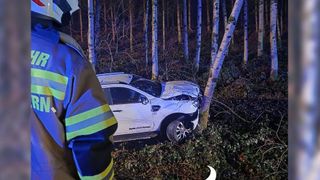 Ein weißer SUV ist in einem Wald mit der Front gegen einen Baum gekracht. Ein Feuerwehrmann steht hinter dem Fahrzeug.