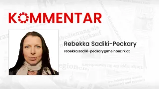 Ein Bild mit dem Wort 'kommentar' in roten Buchstaben. Unten ist ein Bild einer Frau mit dem Text 'Rebekka Sadiki-Peckary rebekka.sadiki-peckary@meinbezirk'. Das Bild hat einen weißen Hintergrund.