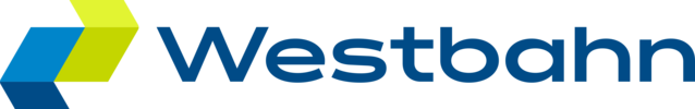Das Westbahn-Logo mit blauen, gelben und orangefarbenen geometrischen Formen auf schwarzem Hintergrund.