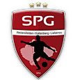 The logo for SPG features a red shield with white text, three stars above it, and a silhouette of a soccer player kicking a ball.