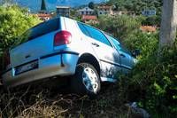Ein silberner Wagen ist an der Seite eines Hangs stecken geblieben, mit dem Heck nach oben geneigt. Er ist von Büschen und Grün umgeben.