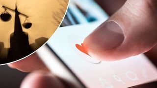 A finger presses a heart button on a smartphone screen with a scale inset.