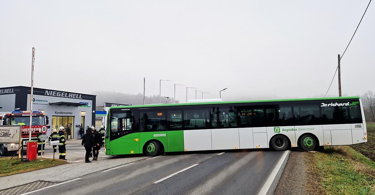 Ein grüner und weißer RegioBus hält an einer Bushaltestelle, an der zwei Menschen in Winterkleidung auf ihn zugehen.