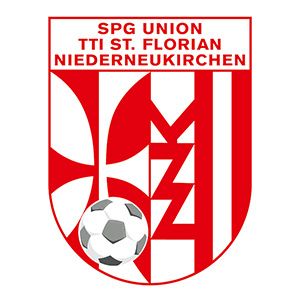 Das rot-weiße Emblem zeigt einen Fußball mit den Worten 'SPG Union TTI St. Florian Niederneukirchen' darüber. Das Emblem ist in einer schildartigen Form mit abwechselnden roten und weißen Streifen.