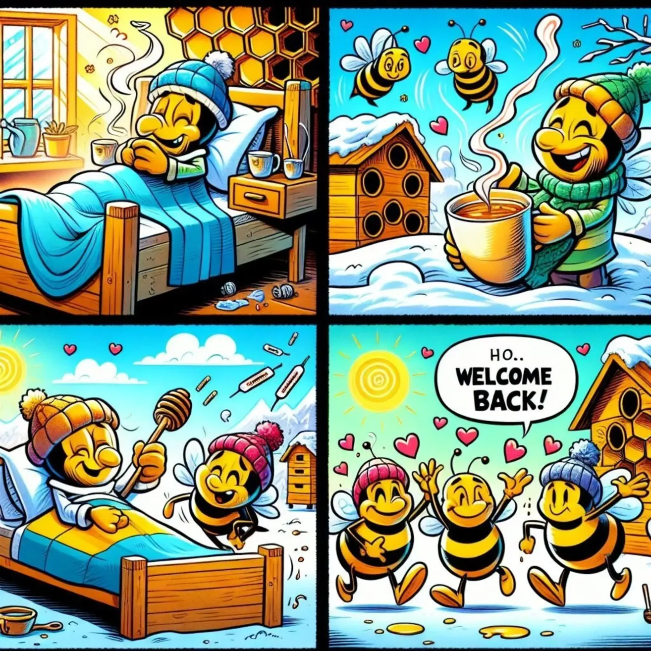 Vier Comic-Panels zeigen Bienen im Winter. Ein Panel zeigt eine Biene im Bett mit einer Decke, ein anderes zeigt eine Biene, die aus einer Tasse trinkt, das dritte zeigt drei laufende Bienen und das letzte zeigt eine Biene mit einem Honigglas.
