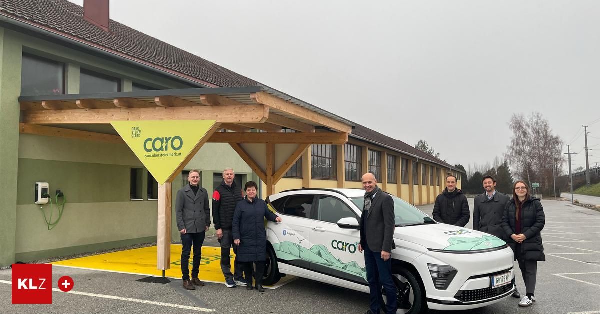 Eine Gruppe von Personen steht draußen vor einem Gebäude mit einem Caro Elektrofahrzeug, das an einer Ladestation geparkt ist. Sie sind alle für kaltes Wetter gekleidet.