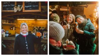 Zwei Frauen an einem Essensstand, eine hält ein Glas Orangensaft. Eine weitere Gruppe, einschließlich einer Frau mit Brille, lächelt und hält Getränke in einem überdachten Außenbereich.