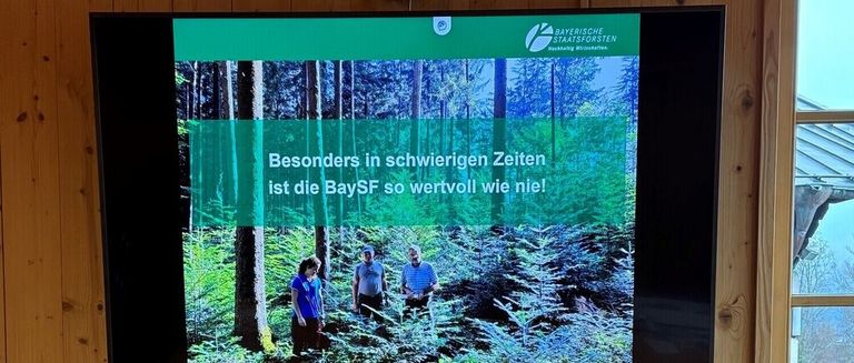 Ein Poster mit drei Menschen in einem Wald. Der Text lautet: 'Besonders in schwierigen Zeiten ist die BaySF so wertvoll wie nie!'. Der Wald ist üppig grün.