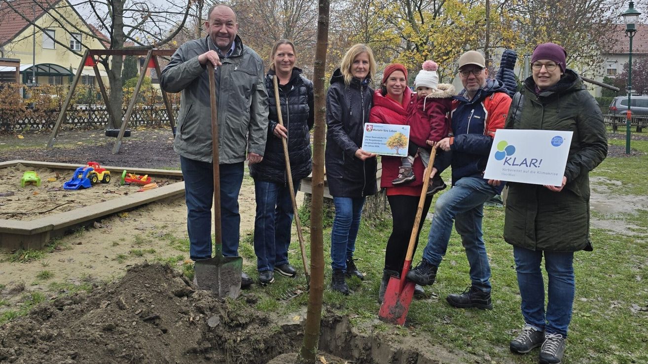 Eine Gruppe von Erwachsenen und Kindern posiert mit Schaufeln um einen frisch gepflanzten Baum in einem Park.