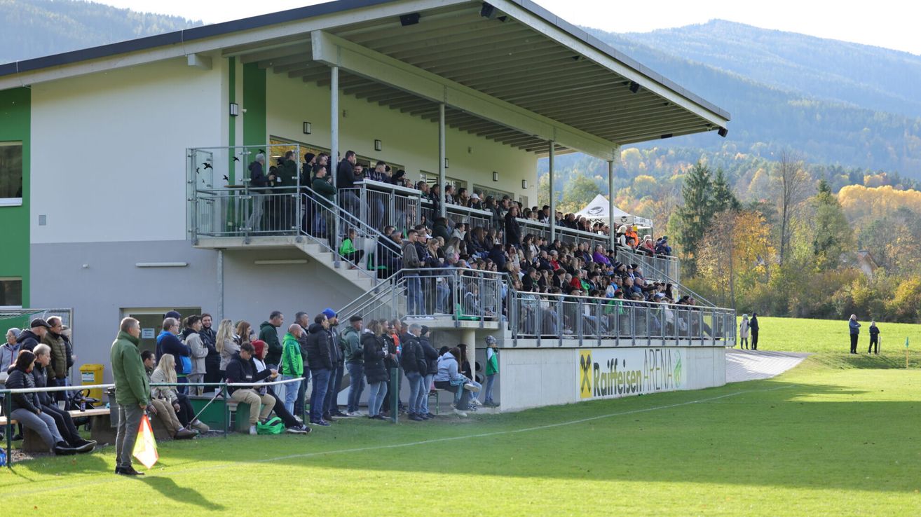 A crowd of people are watching a game in a stadium with a large green field and a mountain in the background.