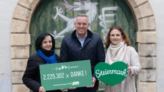 Drei Personen posieren mit Plakaten vor einer kunstvollen grünen Tür. Der Mann hält ein herzförmiges Schild mit der Aufschrift 'Stiermark'. Die Frau links hält ein grünes Schild mit der Nummer 2.225.302 und der Botschaft 'x Danke!'. Die Frau rechts trägt einen Schal. Hinter ihnen ist eine Wandmalerei eines weißen Einhorns.
