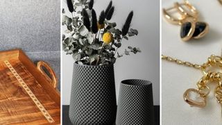 Eine Collage aus drei Objekten. Links ist ein Holztablett, Mitte ist eine Vase mit einer Pflanze und rechts ist eine goldene Halskette mit einem Herzanhänger.