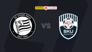 Das Bild zeigt eine Fußballspielvorschau zwischen zwei Teams, Sturm Graz und SKN, mit ihren jeweiligen Logos. Das Spiel wird von Admiral gesponsert und ist Teil der 2. Liga.