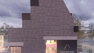 Eine Darstellung eines modernen Gebäudes, 'Markthalle', mit Ziegelwänden, Glasfenstern und einem großen Eingang. Menschen betreten das Gebäude.