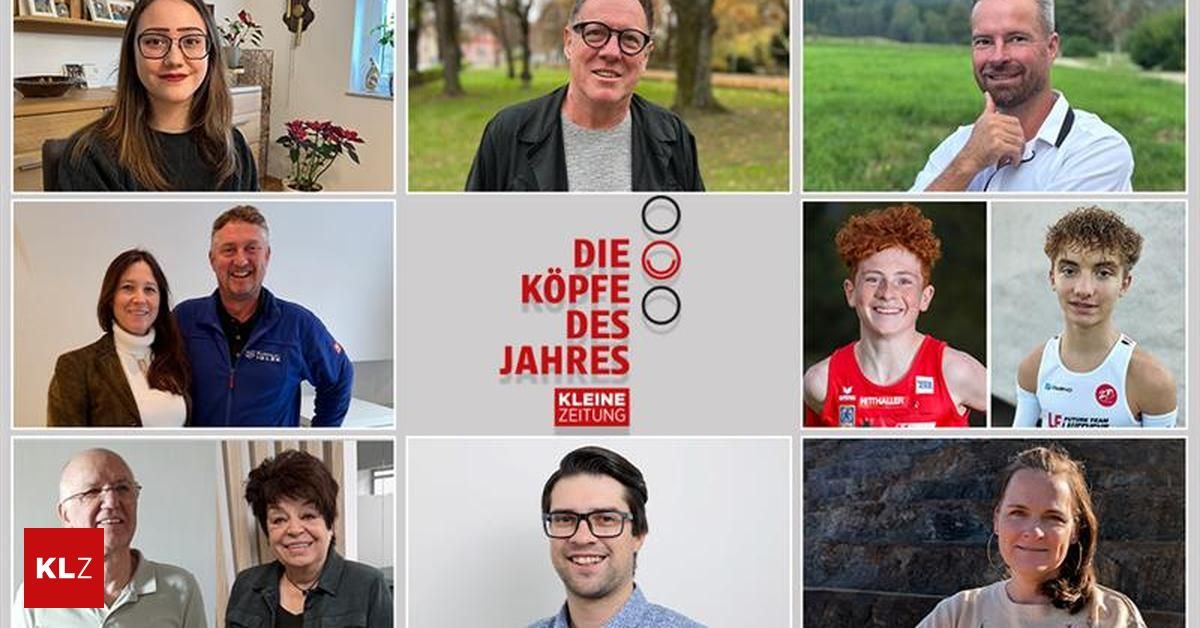 Eine Collage von Fotos mit Menschen aus verschiedenen Hintergründen und Umgebungen. Der zentrale Text lautet 'Die Kopfe des Jahres'. Es ist Teil der Kleine Zeitung.