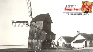 Ein altes Schwarz-Weiß-Foto zeigt eine Mühle mit beschädigter Windmühlenflügel, begleitet von einem Haus mit Strohdach und einem Wagen. Der Schatten der Mühle fällt auf den Boden.