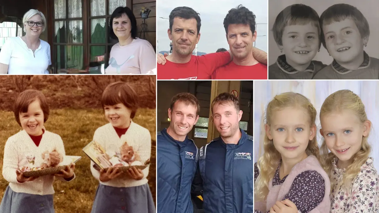 Eine Collage von Familienfotos mit einer Frau, einem Jungen, zwei Männern, einem Mädchen mit einem Buch und zwei Männern in Rennanzügen.