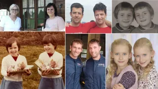 Eine Collage von Familienfotos mit einer Frau, einem Jungen, zwei Männern, einem Mädchen mit einem Buch und zwei Männern in Rennanzügen.