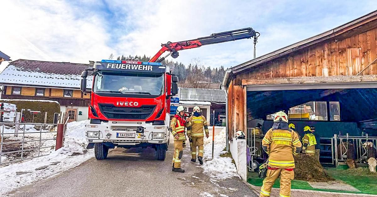 Ein roter Feuerwehrwagen mit dem Wort 'Feuerwehr' ist am Straßenrand geparkt. Drei Feuerwehrleute gehen auf die Scheune zu, einer hält ein Seil.