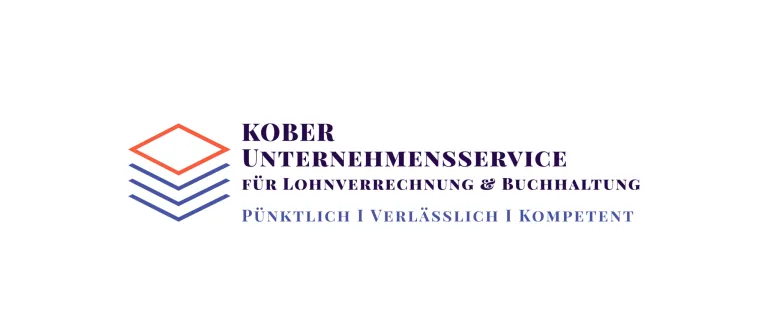 Das Bild zeigt ein Firmenlogo. Es steht 'Kober Unternehmensservice' und bietet Lohnverrechnung und Buchhaltung an. Es betont Zuverlässigkeit, Pünktlichkeit und Professionalität.