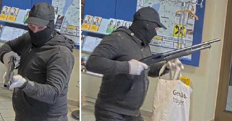 Two masked individuals are holding firearms and a bag with the text 'Gebäkträger' in a store. One person is holding a gun, while the other holds a bag.