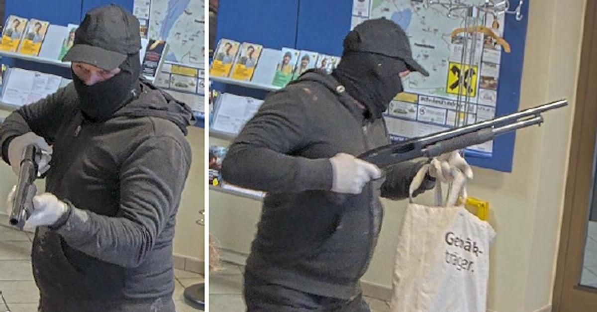 Two masked individuals are holding firearms and a bag with the text 'Gebäkträger' in a store. One person is holding a gun, while the other holds a bag.
