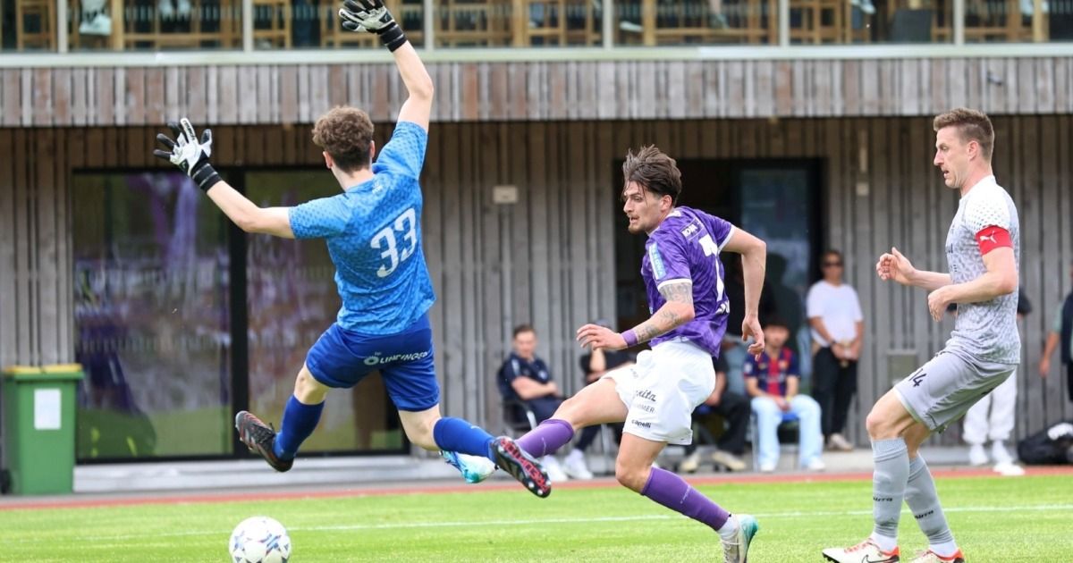 Zwei Fußballspieler sind in der Luft. Einer springt, um einen Schuss zu blockieren, während der andere sich auf den Schuss vorbereitet. Das Spielfeld ist von einer Umzäunung umgeben und Zuschauer beobachten.