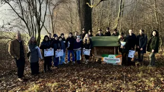 Eine Gruppe von Menschen steht in einem Wald, hält weiße Papiere in der Hand, mit einer grünen Struktur und einem Schild mit der Aufschrift Steinmann dahinter.