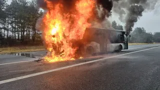 Ein Bus steht auf der Straßenseite in Flammen, mit Bäumen im Hintergrund.