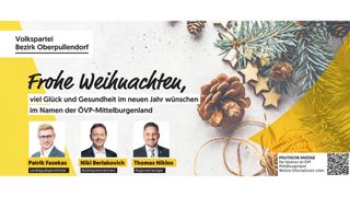 Weihnachtskarte von OVP-Mittelburgenland. Mit Niki Berlakovich, Bezirksparteiobmann, und Thomas Niklos, Regionalmanager.