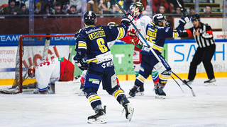 Ein Eishockeyspieler feiert ein Tor, während seine Teamkollegen und Gegner auf dem Eis reagieren. Die Eishalle ist von Zuschauern umgeben, und Werbetafeln sind sichtbar.