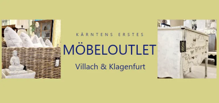 Ein gelber Hintergrund mit dem Text 'Kärntens Erstes Möbeloutlet Villach & Klagenfurt', der ein Möbeloutlet in Villach und Klagenfurt bewirbt.