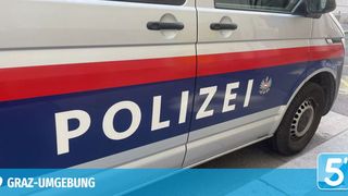 Ein Polizeiwagen mit roten und weißen Streifen ist am Straßenrand geparkt. Das Wort 'POLIZEI' ist in Weiß auf der blauen Seite des Vans geschrieben.