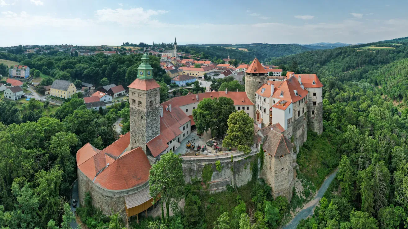 Ein Luftbild einer Burg mit roten Dächern und einem grünen Turm. Bäume und eine Stadt sind im Hintergrund zu sehen.