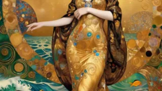 Eine Frau in einem goldenen Kleid steht am Meer, ihr Haar weht im Wind. Der Hintergrund zeigt sich in schwungvollen Mustern und Wellen.